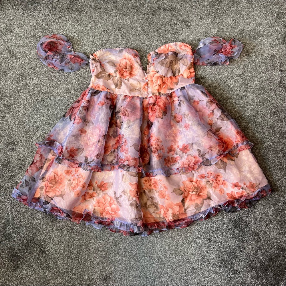 Floral puff sleeve organza dress